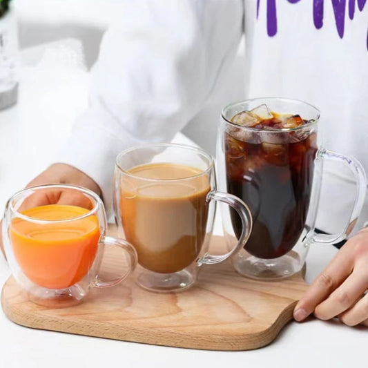 Stylish Double Layer Transparent Glass Cup - High Borosilicate, Heat-Resistant, with Handle for Juice, Milk, and Coffee