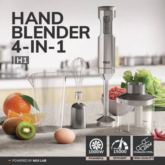 Hand Immersion Blender 1000W - Powerful 4-In-1 Stainless Steel Stick Food Mixer with 700ml Beaker, 500ml Processor, and Whisk